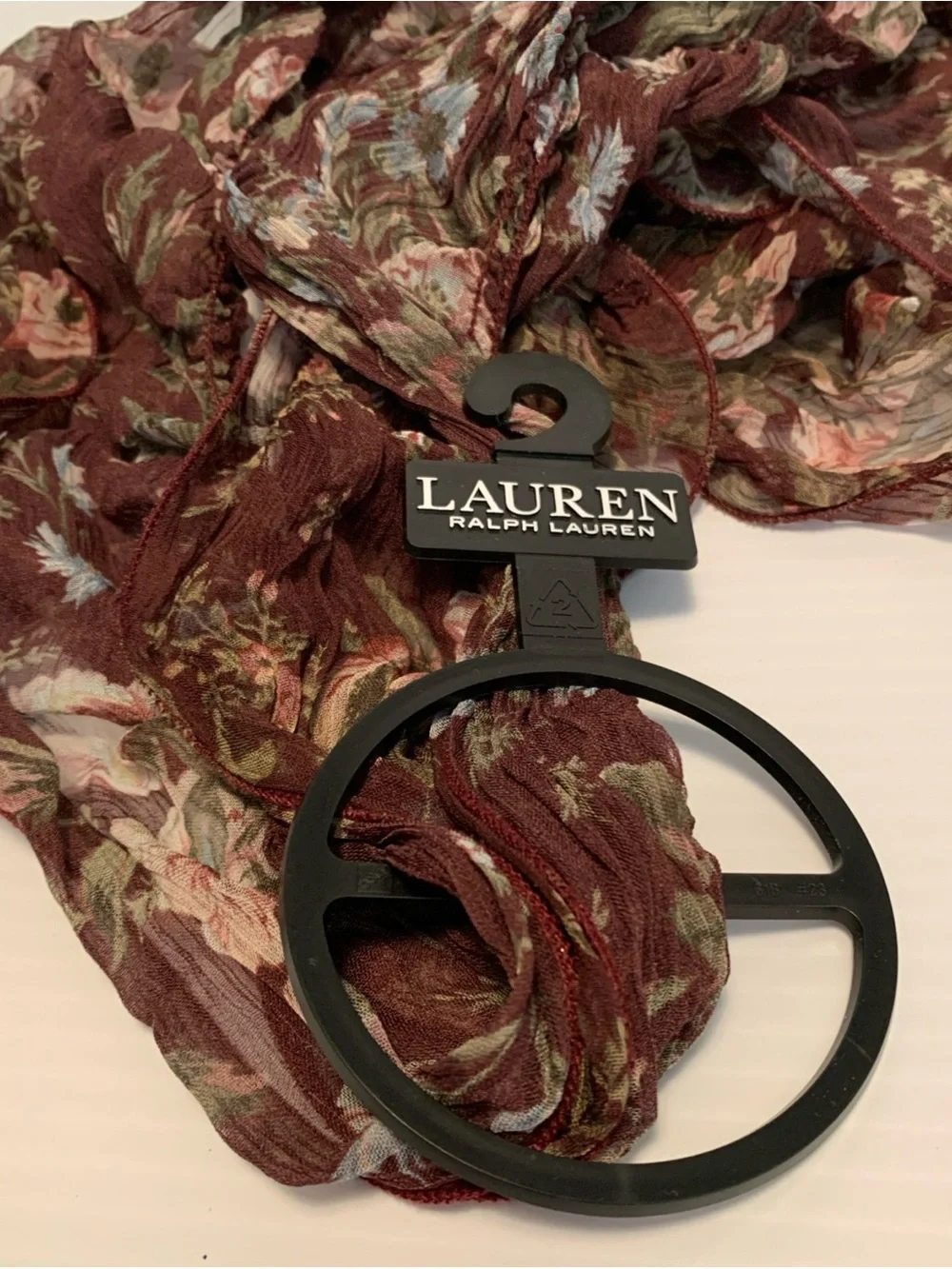 NWT Lauren Ralph Lauren Ruffle Scarf-Wine Burgundy Pinot Noir; 100% Viscose
